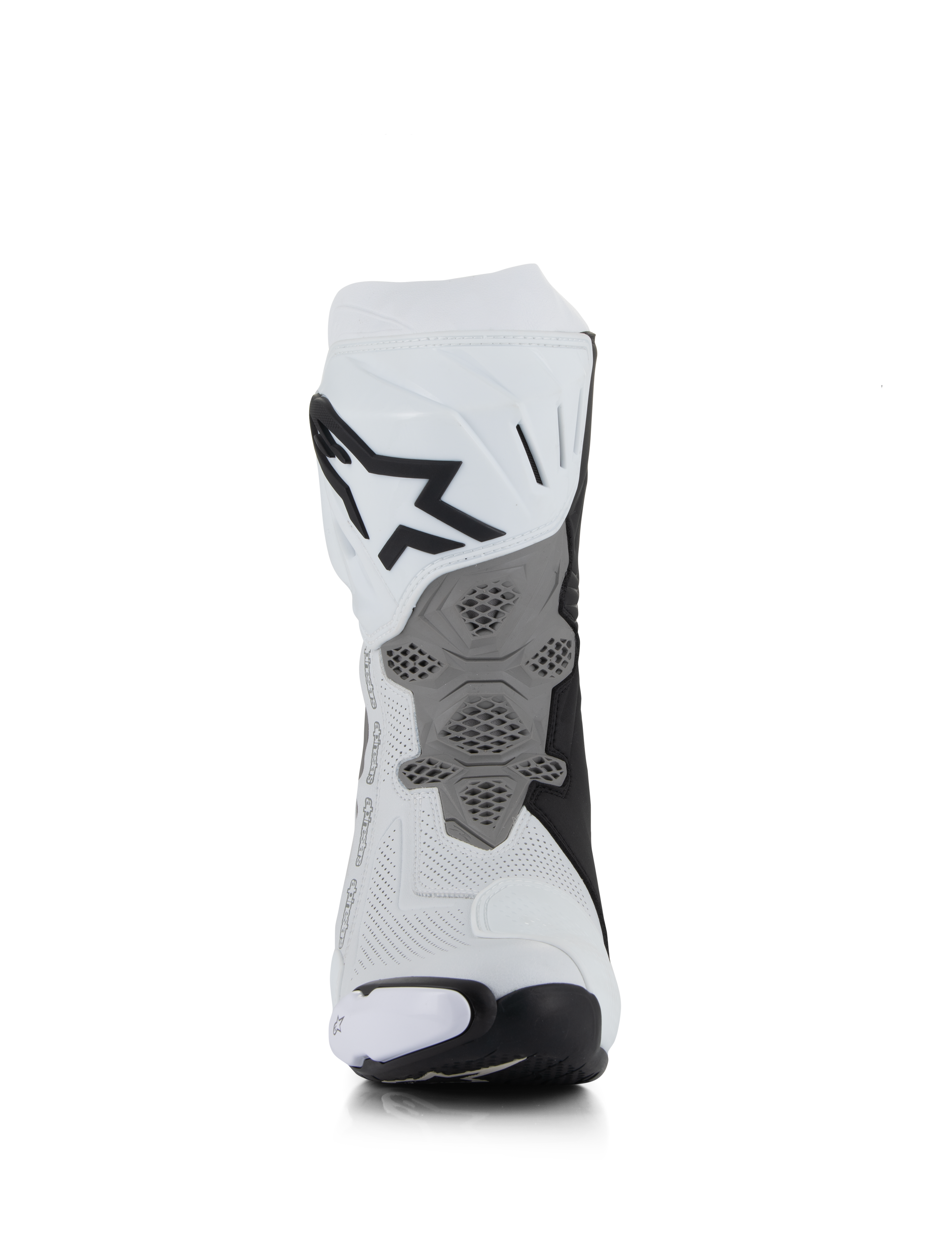 Botas Alpinestars Supertech R Vented, Branco Cinzento Médio Preto, vista traseira com construção em microfibra perfurada, placa de calcanhar cinzenta redesenhada com textura de favo de mel, logótipo preto proeminente na zona superior da barriga da perna, calçado de motociclismo profissional para corrida e desporto