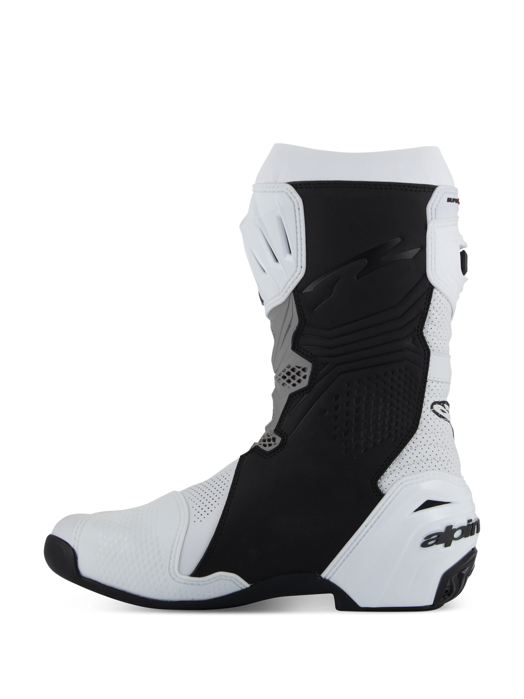 Alpinestars Supertech R Vented Boots, botas de motociclismo de competição, brancas, cinzento médio e pretas, vista de perfil lateral do lado medial com microfibra perfurada para circulação de ar, painéis de aderência pretos e proteção de calcanhar em TPU branco com logótipo.