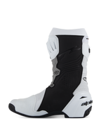 Alpinestars Supertech R Vented Boots, botas de motociclismo de competição, brancas, cinzento médio e pretas, vista de perfil lateral do lado medial com microfibra perfurada para circulação de ar, painéis de aderência pretos e proteção de calcanhar em TPU branco com logótipo.