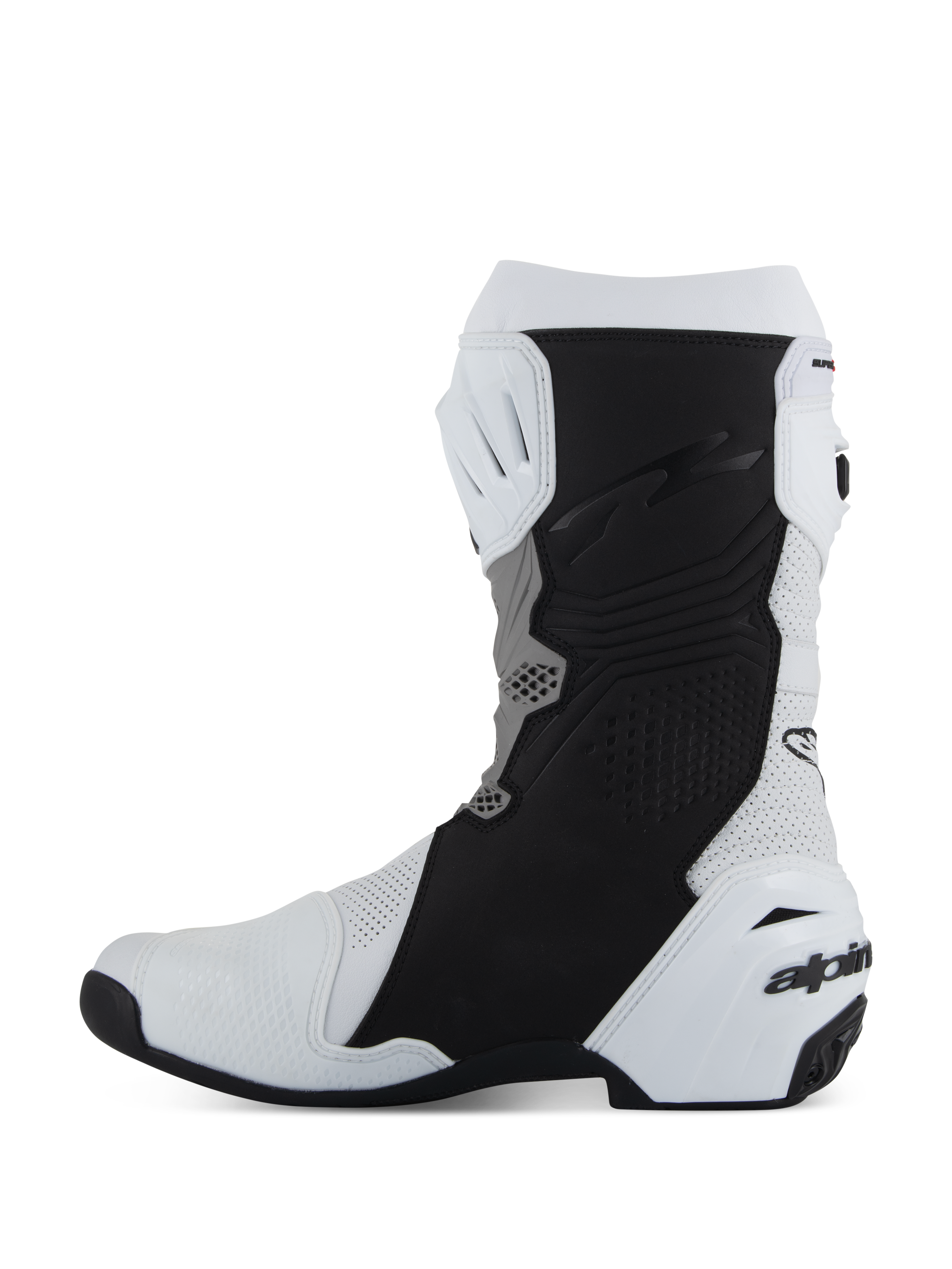Alpinestars Supertech R Vented Boots, botas de motociclismo de competição, brancas, cinzento médio e pretas, vista de perfil lateral do lado medial com microfibra perfurada para circulação de ar, painéis de aderência pretos e proteção de calcanhar em TPU branco com logótipo.