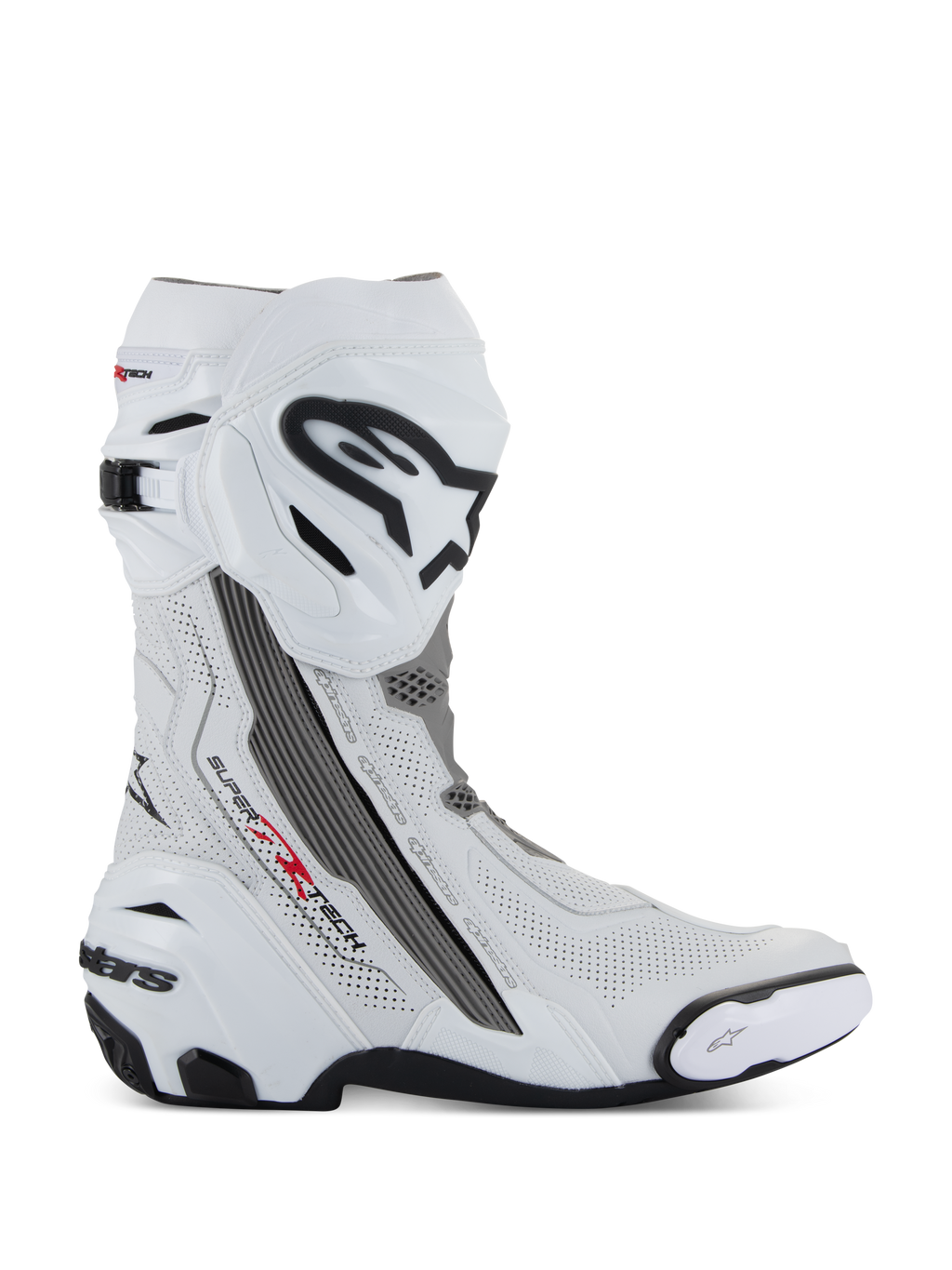 Alpinestars Supertech R Vented, botas de corrida para motociclismo, brancas com detalhes em cinzento médio e preto, vista de perfil lateral com painéis de microfibra perfurados para circulação de ar, logótipo Alpinestars grande em preto e branco na canela, design aerodinâmico com sliders substituíveis e sola de borracha preta.