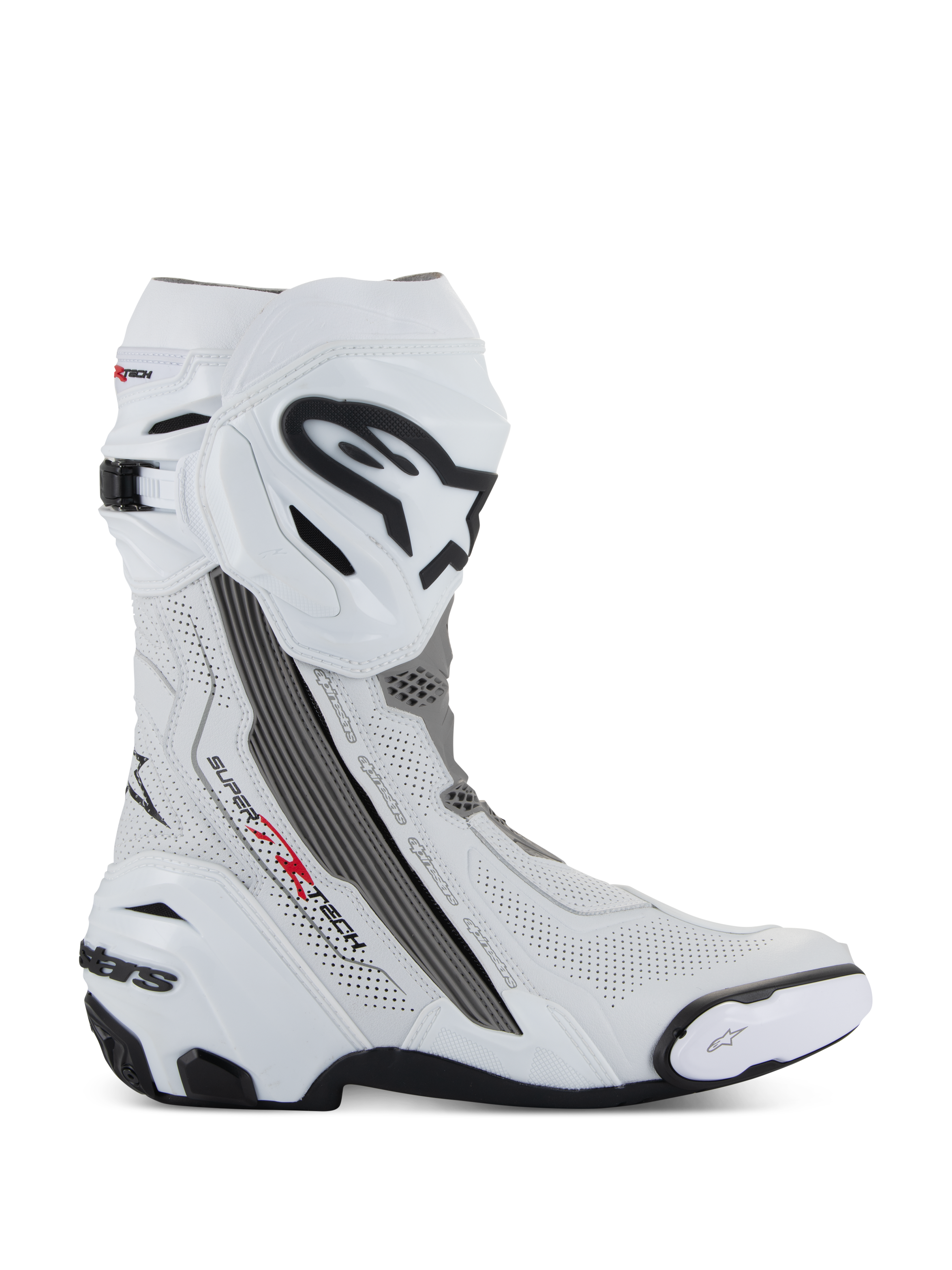 Alpinestars Supertech R Vented, botas de corrida para motociclismo, brancas com detalhes em cinzento médio e preto, vista de perfil lateral com painéis de microfibra perfurados para circulação de ar, logótipo Alpinestars grande em preto e branco na canela, design aerodinâmico com sliders substituíveis e sola de borracha preta.
