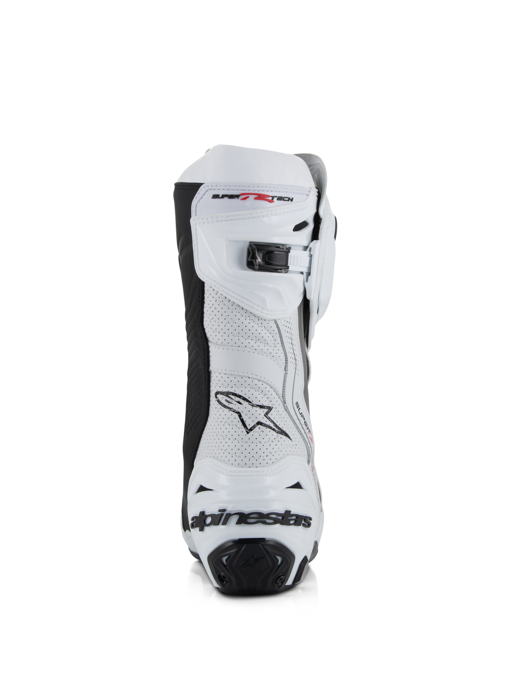 Botas Alpinestars Supertech R Vented, branco, cinzento médio e preto, vista traseira com parte superior em microfibra perfurada, fecho de catraca microajustável no topo e proteção de calcanhar integrada com logótipo Alpinestars