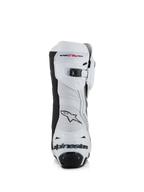 Botas Alpinestars Supertech R Vented, branco, cinzento médio e preto, vista traseira com parte superior em microfibra perfurada, fecho de catraca microajustável no topo e proteção de calcanhar integrada com logótipo Alpinestars