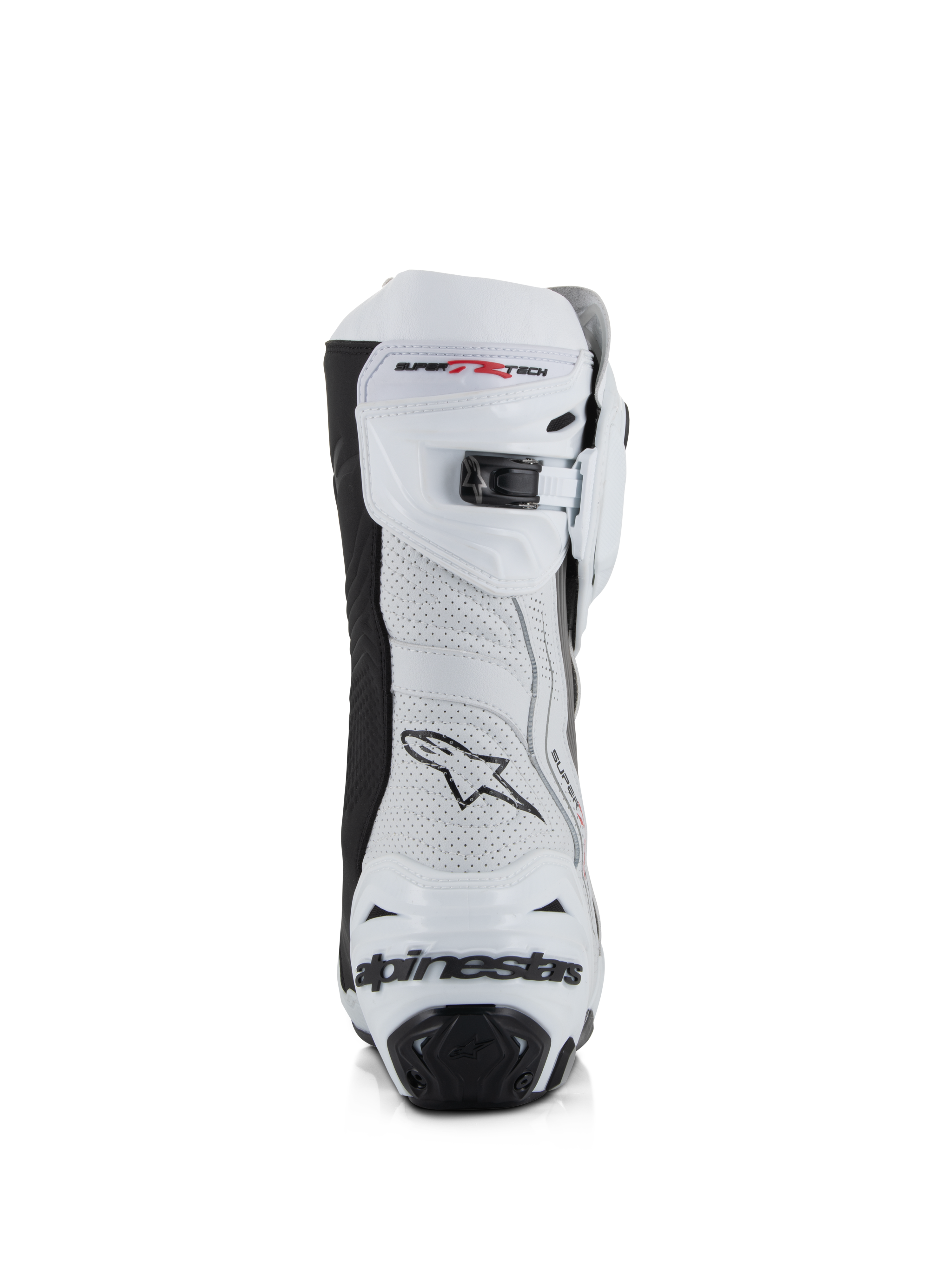 Botas Alpinestars Supertech R Vented, branco, cinzento médio e preto, vista traseira com parte superior em microfibra perfurada, fecho de catraca microajustável no topo e proteção de calcanhar integrada com logótipo Alpinestars