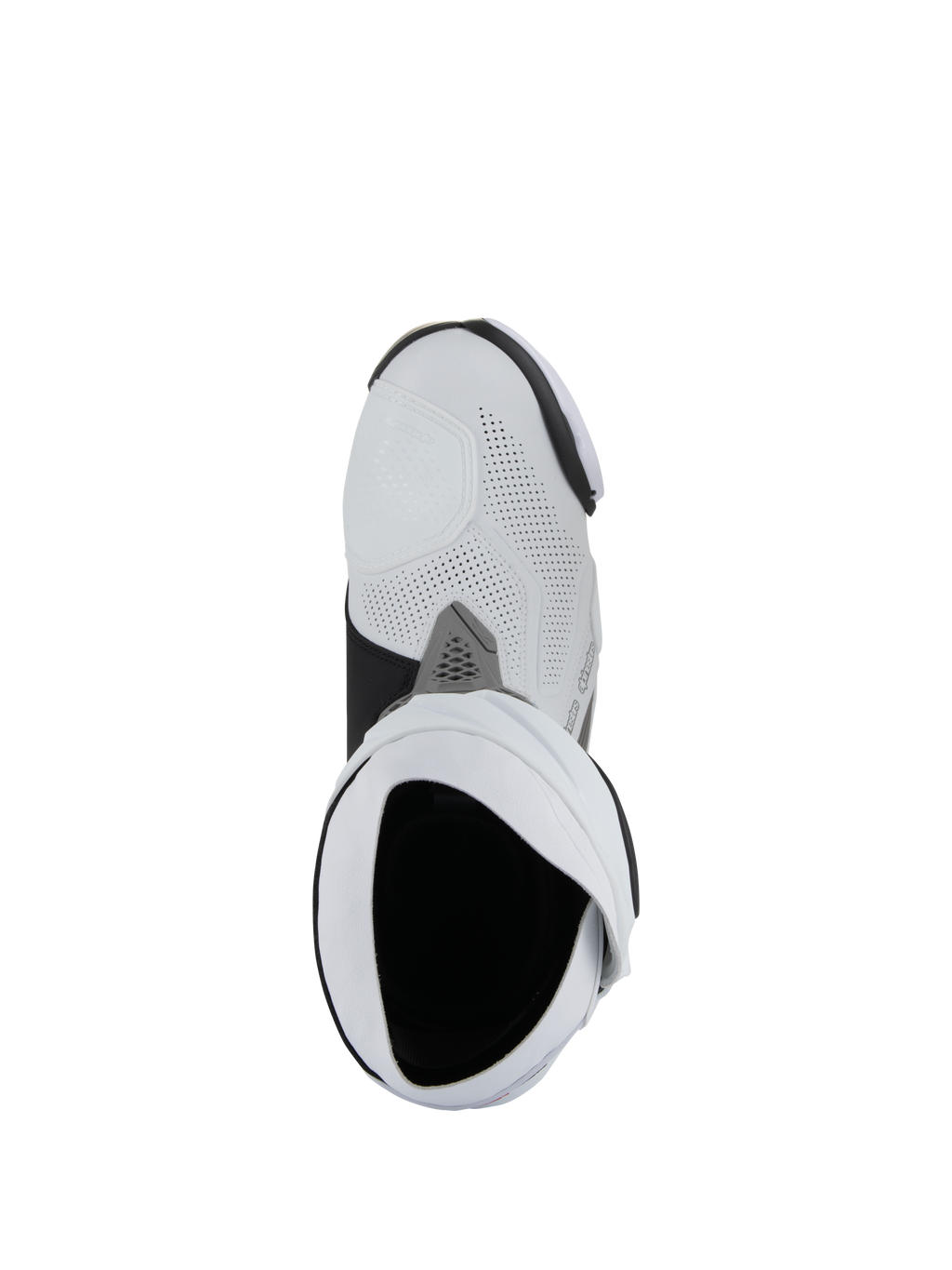 Botas Alpinestars Supertech R Vented, botas de corrida de motociclismo, brancas, cinzento médio e pretas, vista aérea de cima para baixo da abertura da bota, com construção em microfibra perfurada e design de corrida aerodinâmico