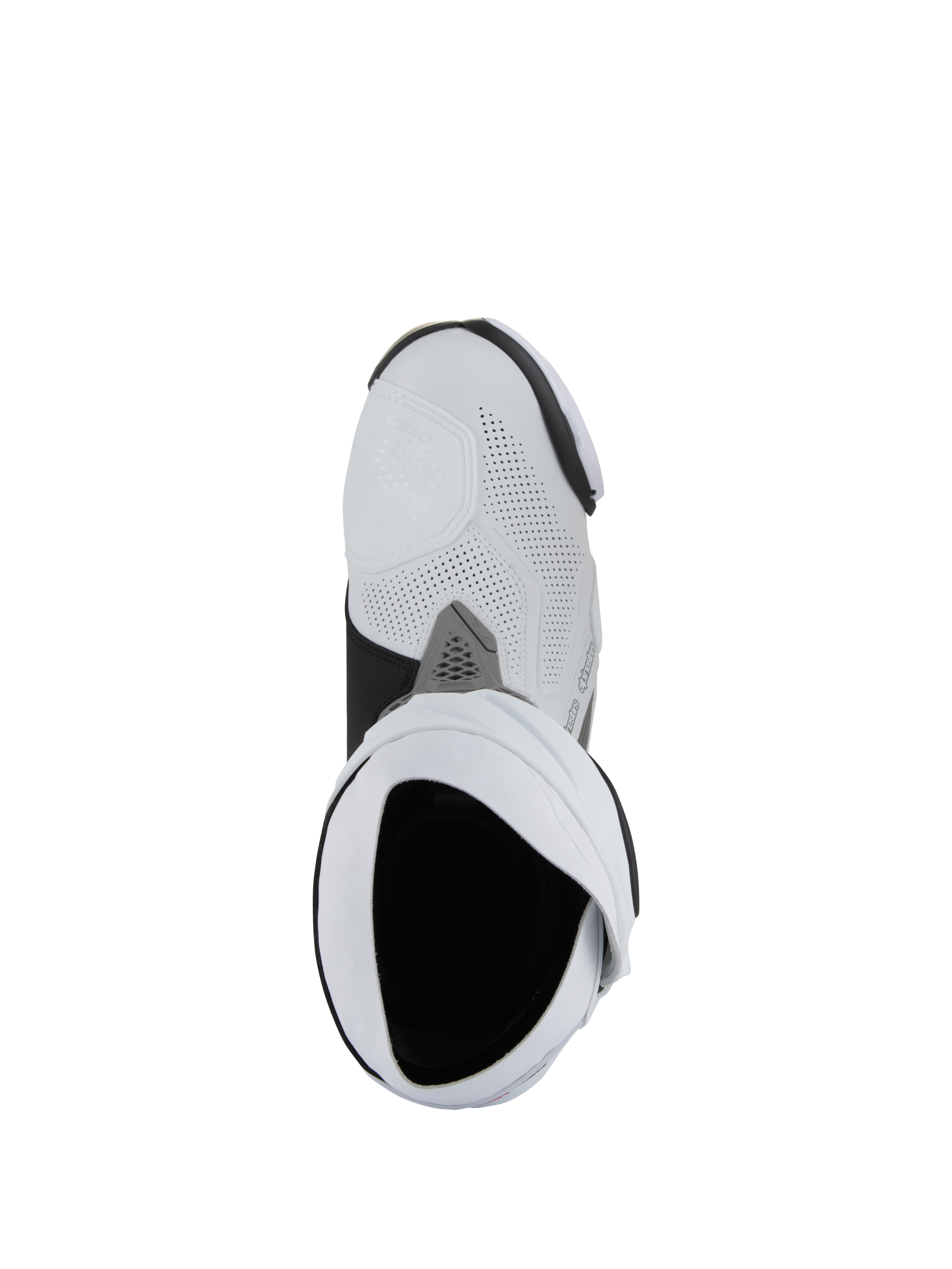 Botas Alpinestars Supertech R Vented, botas de corrida de motociclismo, brancas, cinzento médio e pretas, vista aérea de cima para baixo da abertura da bota, com construção em microfibra perfurada e design de corrida aerodinâmico