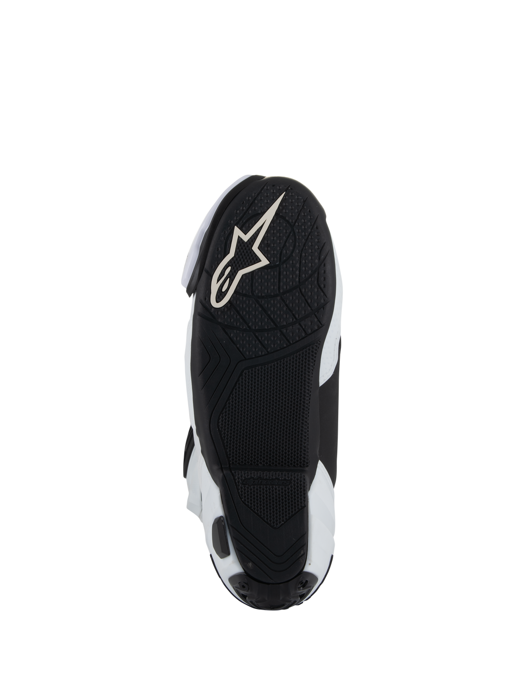 Sola das botas Alpinestars Supertech R Vented, sola exterior em borracha leve preta com rasto texturizado para aderência nos pedais, com o logótipo Alpinestars Astar branco, combinação de cores branco e preto