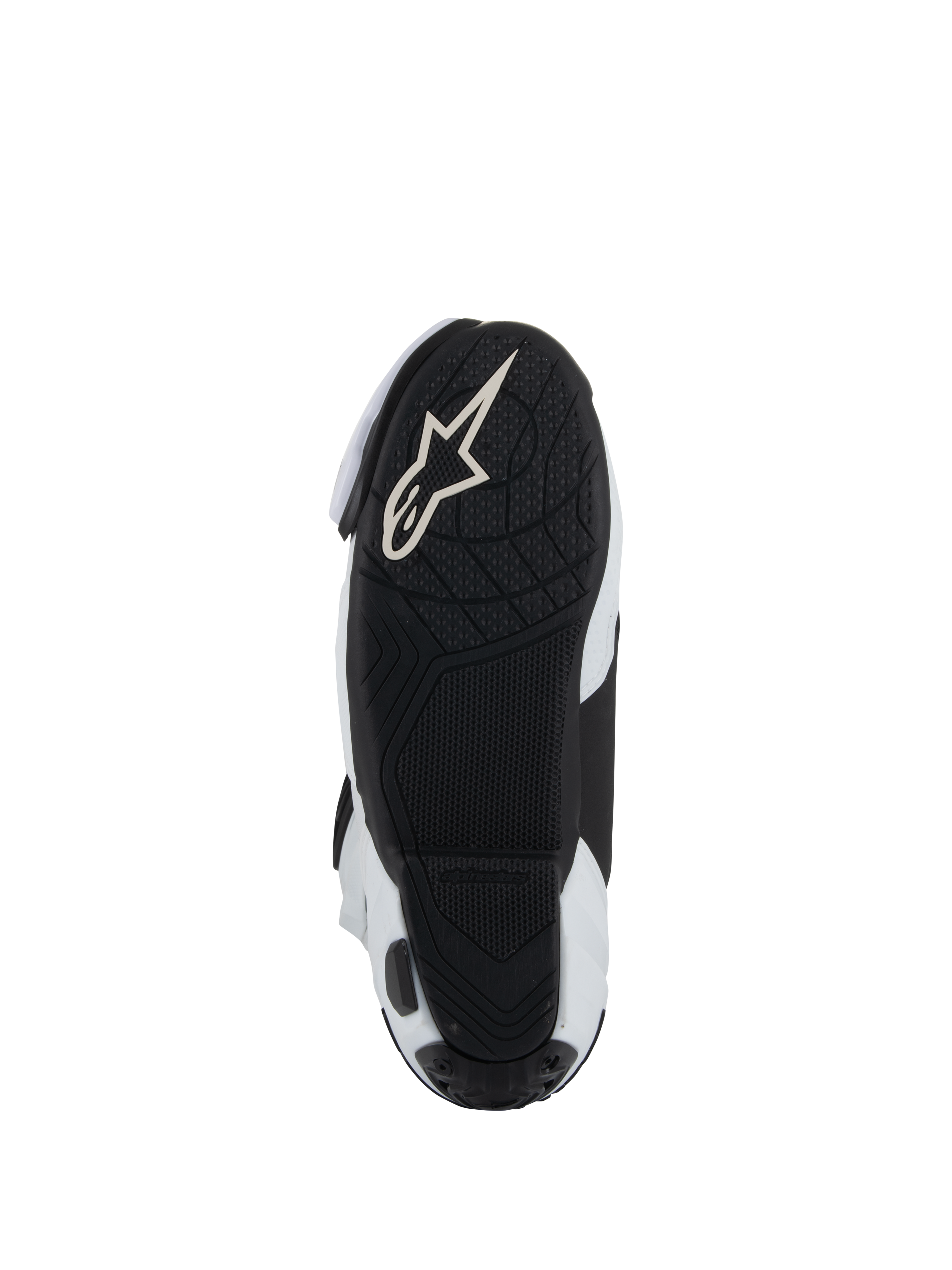 Sola das botas Alpinestars Supertech R Vented, sola exterior em borracha leve preta com rasto texturizado para aderência nos pedais, com o logótipo Alpinestars Astar branco, combinação de cores branco e preto