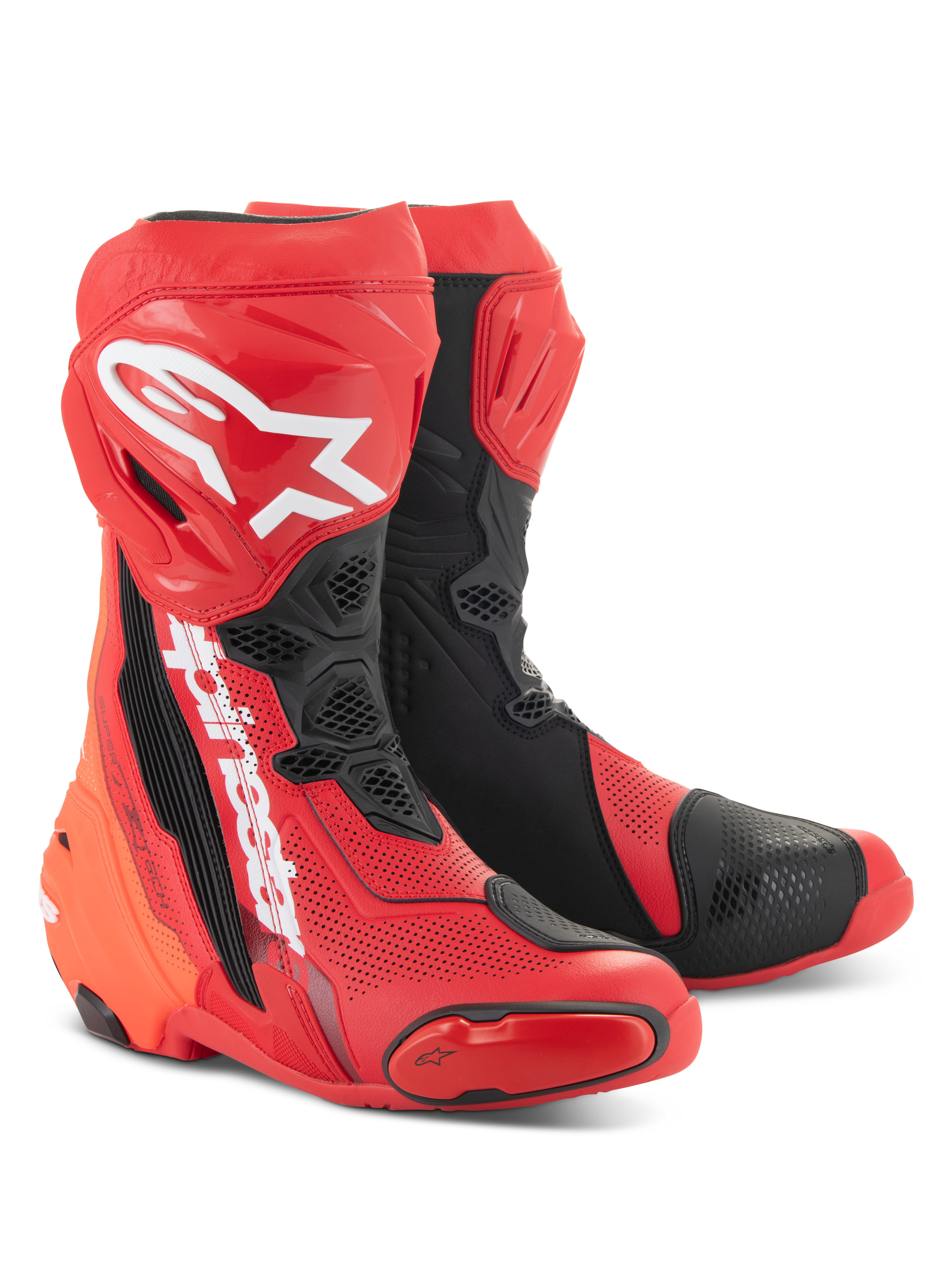 Alpinestars Supertech R Vented Boots, Bright Red and Black, high-performance racing motorcycle boots featuring extensive perforations, white A-star logo on the shin, and durable TPU protective panels