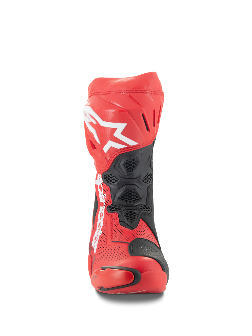 Alpinestars Supertech R Vented Boots, Front view, Bright Red and Red Fluo with black accents, featuring white Alpinestars logo on the shin, perforated microfiber construction for airflow, and protective TPU panels for racing