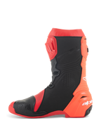 Alpinestars Supertech R Vented Boots, Racing Motorcycle Boots, Bright Red and Red Fluo with black accents, side view featuring extensive perforations for maximum airflow and TPU protection panels.
