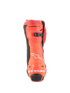 Alpinestars Supertech R Vented Boots, Racing Motorcycle Boots, Bright Red and Red Fluo, rear view featuring perforated construction for ventilation, TPU heel protectors, and white Alpinestars logo branding