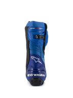 Alpinestars Supertech R Vented Boots, Racing Motorcycle Boots, Blue and Black, rear view featuring the Alpinestars logo and text on the heel, perforated microfiber panels, and a micro-adjustable ratchet closure at the top.