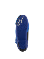 Alpinestars Supertech R Vented Boots, Blue and Black, Bottom view of the blue rubber sole with a white Astars logo, featuring textured grip patterns for footpeg control, high-performance motorcycle racing footwear.