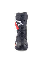 Alpinestars Honda Supertech R Boots, Motorcycle Racing Boots, Black with Red and White accents, front-facing view showing honeycomb mesh ventilation, large white logo on the shin, and high-performance microfiber construction.