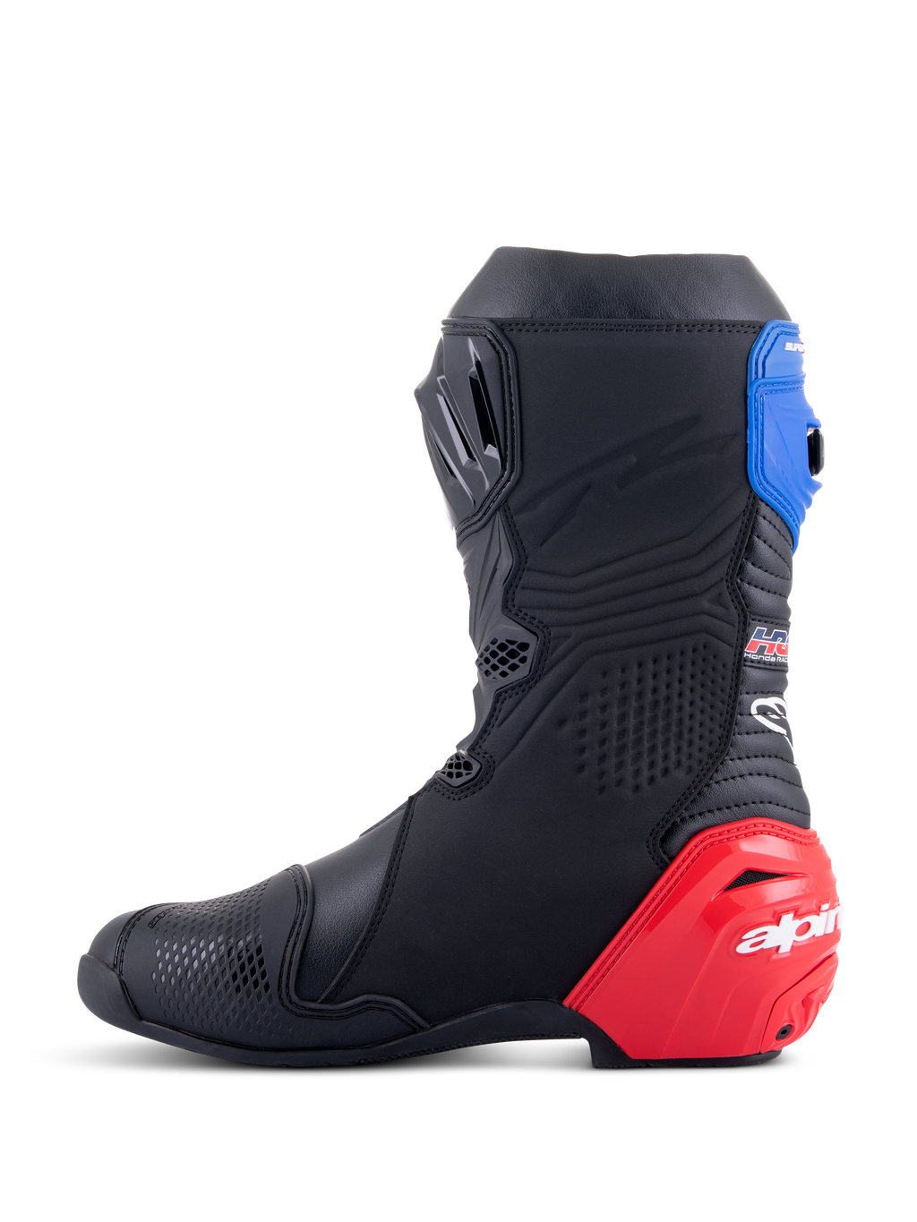 Alpinestars Honda Supertech R Boots, Racing Motorcycle Boots, Black with Bright Red and Blue accents, featuring a prominent red TPU heel slider, blue top gaiter, and Alpinestars branding, technical design for professional track and road performance.