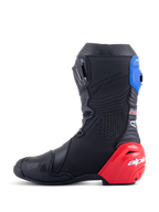 Alpinestars Honda Supertech R Boots, Racing Motorcycle Boots, Black with Bright Red and Blue accents, featuring a prominent red TPU heel slider, blue top gaiter, and Alpinestars branding, technical design for professional track and road performance.