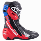 Alpinestars Honda Supertech R Boots, Professional Motorcycle Racing Boots, Black Bright Red Blue, side profile featuring prominent white Honda and Alpinestars branding, TPU protective shin plate, and replaceable toe and heel sliders.