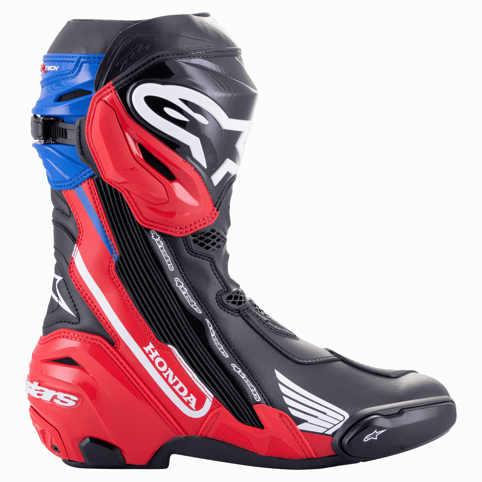 Alpinestars Honda Supertech R Boots, Professional Motorcycle Racing Boots, Black Bright Red Blue, side profile featuring prominent white Honda and Alpinestars branding, TPU protective shin plate, and replaceable toe and heel sliders.