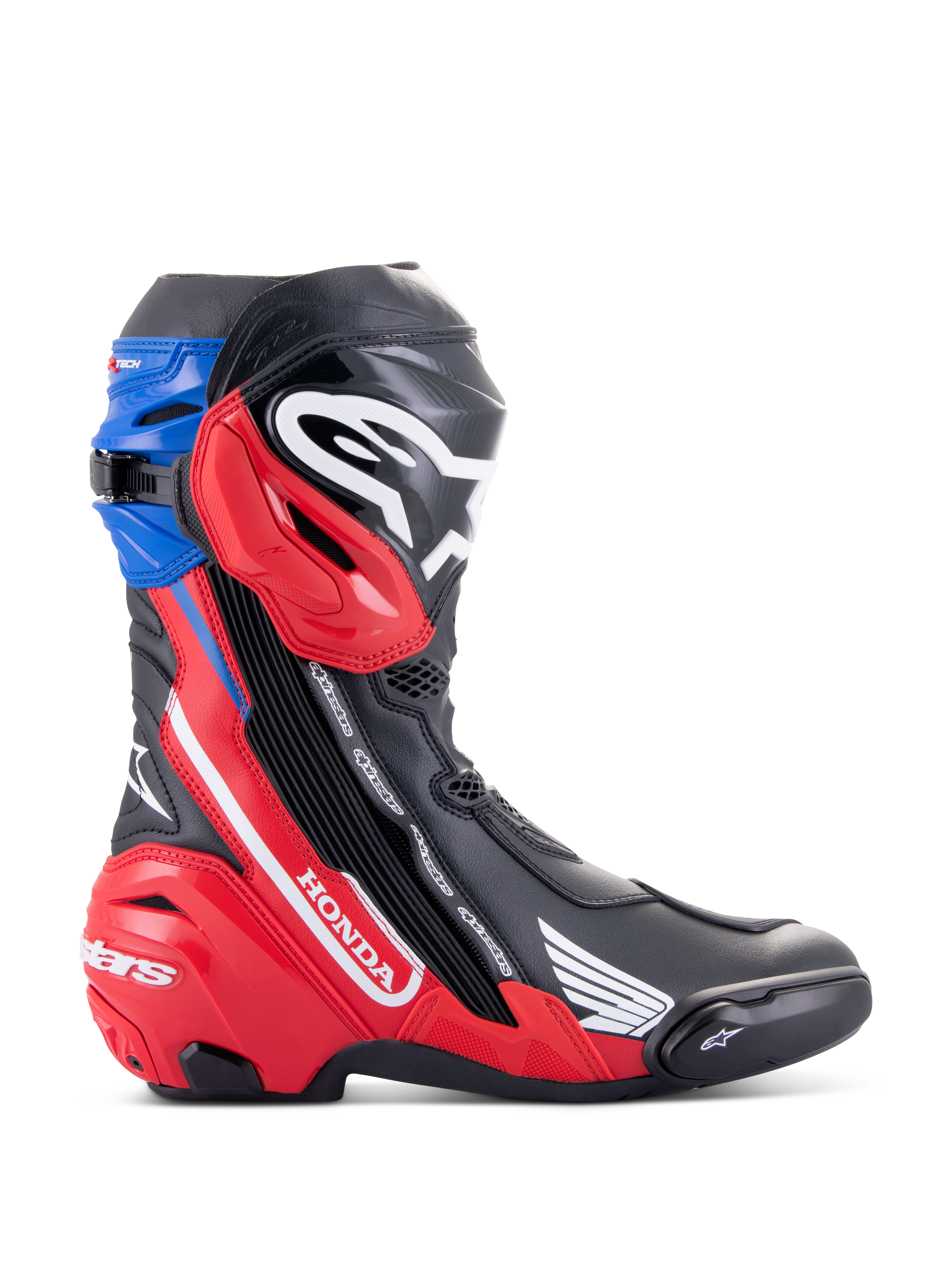 Alpinestars Honda Supertech R Boots, Racing Motorcycle Boots, Black Bright Red and Blue, features white Honda branding on red side panel, Alpinestars logo on shin, blue top gaiter, sleek aerodynamic design with advanced TPU protection