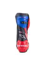 Alpinestars Honda Supertech R Boots, Motorcycle Racing Boots, Black Bright Red and Blue, rear view featuring a red reinforced heel with white branding, blue upper gaiter with micro-adjustable ratchet closure, and HRC logo on the back