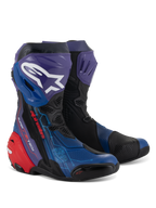 Alpinestars Supertech R LE Martinator R01 Vented Boots, Racing Motorcycle Boots, Blue Purple Red and Black, featuring extensive perforations for airflow, white Astars logo on a purple shin guard, red heel protector, and technical racing design.