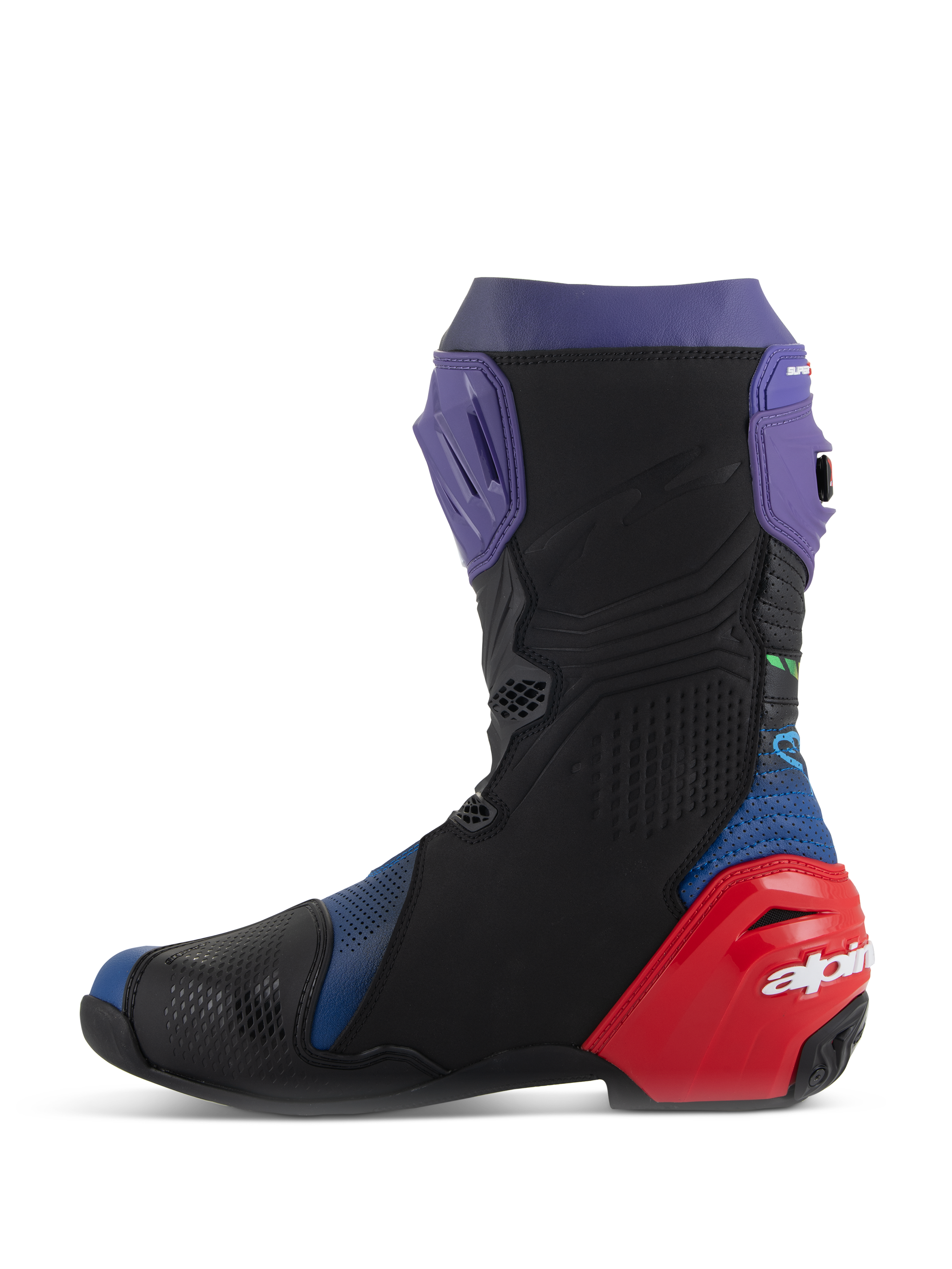 Alpinestars Supertech R LE Martinator R01 Vented Boots, Racing Motorcycle Boots, Blue Purple Red and Black, side profile view featuring perforated microfiber, purple shin plate, and red heel protector with white branding.