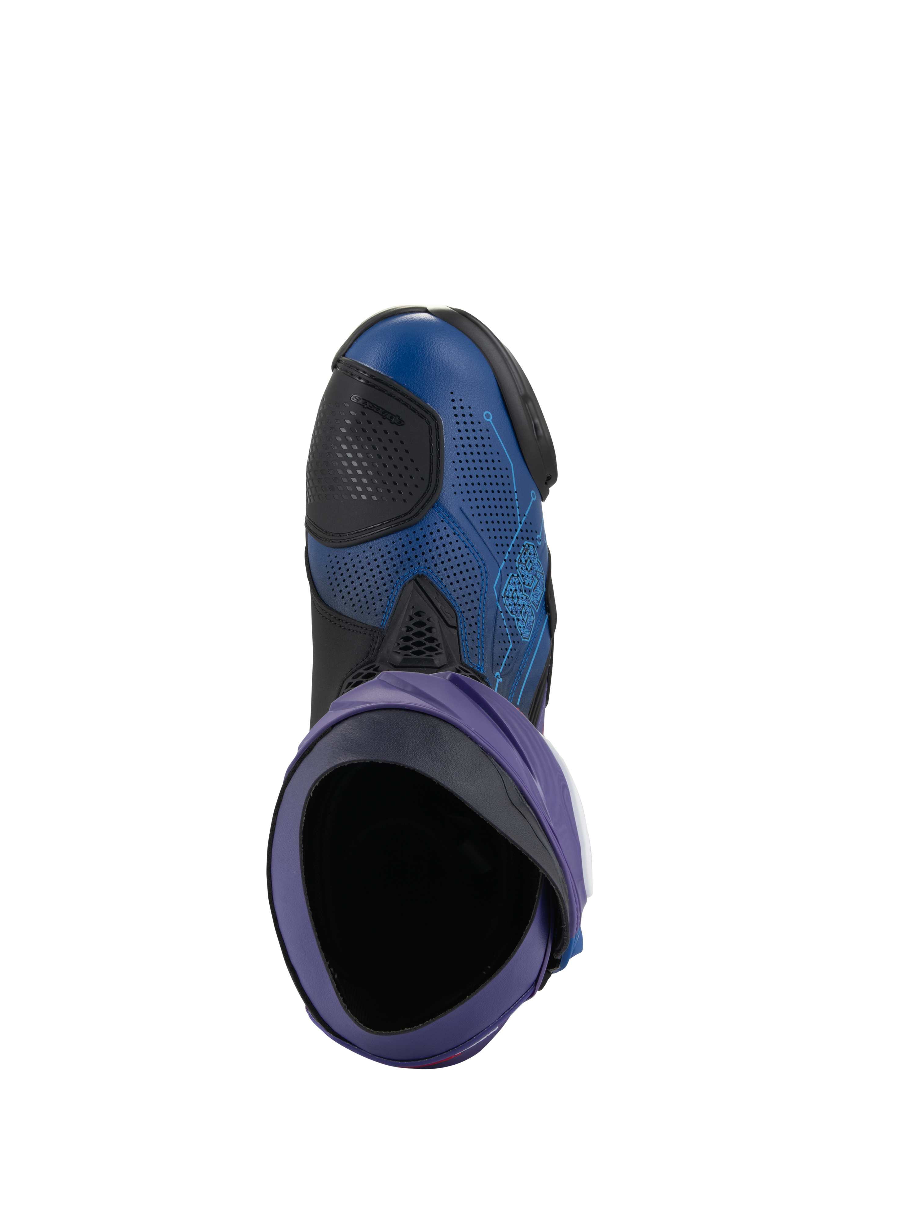 Alpinestars Supertech R LE Martinator R01 Vented Boots, Racing Motorcycle Boots, Blue and Purple with black accents, top-down view looking into the boot, featuring perforated microfiber upper and racing design