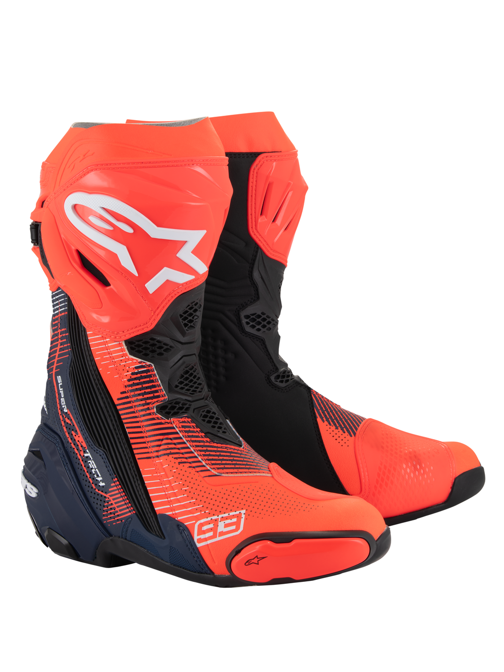 Botas Alpinestars Supertech R Vented MM93 Replica, botas profissionais de corrida para motociclismo, vermelho fluo, azul escuro e preto, com marca Marc Marquez 93, construção em microfibra perfurada para ventilação e sliders de proteção avançados