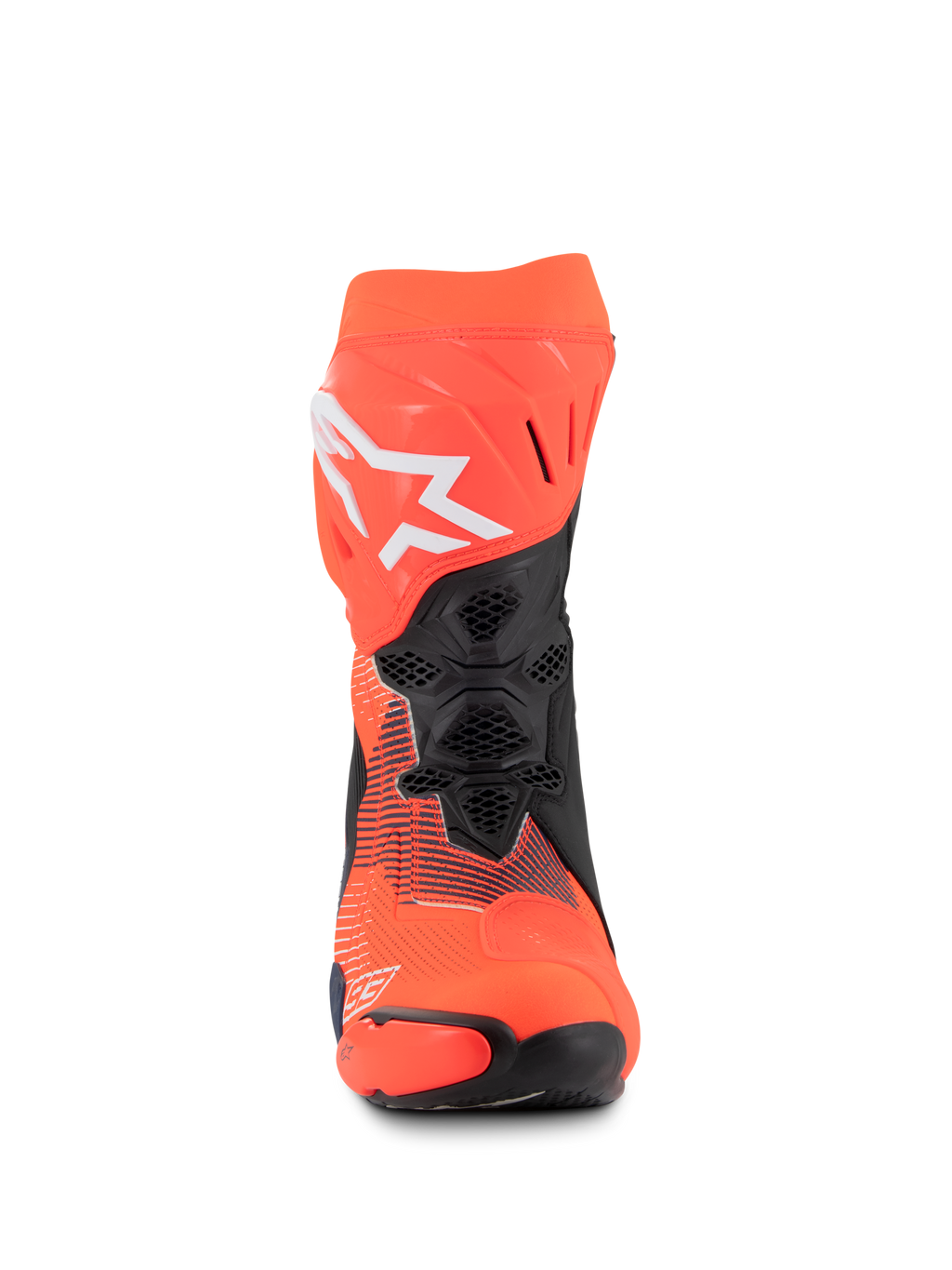 Botas Alpinestars Supertech R Vented MM93 Replica, botas de corrida para motociclismo, vermelho fluo, azul escuro e preto, vista frontal apresentando ventilação em malha, logótipo Alpinestars branco e construção em microfibra durável
