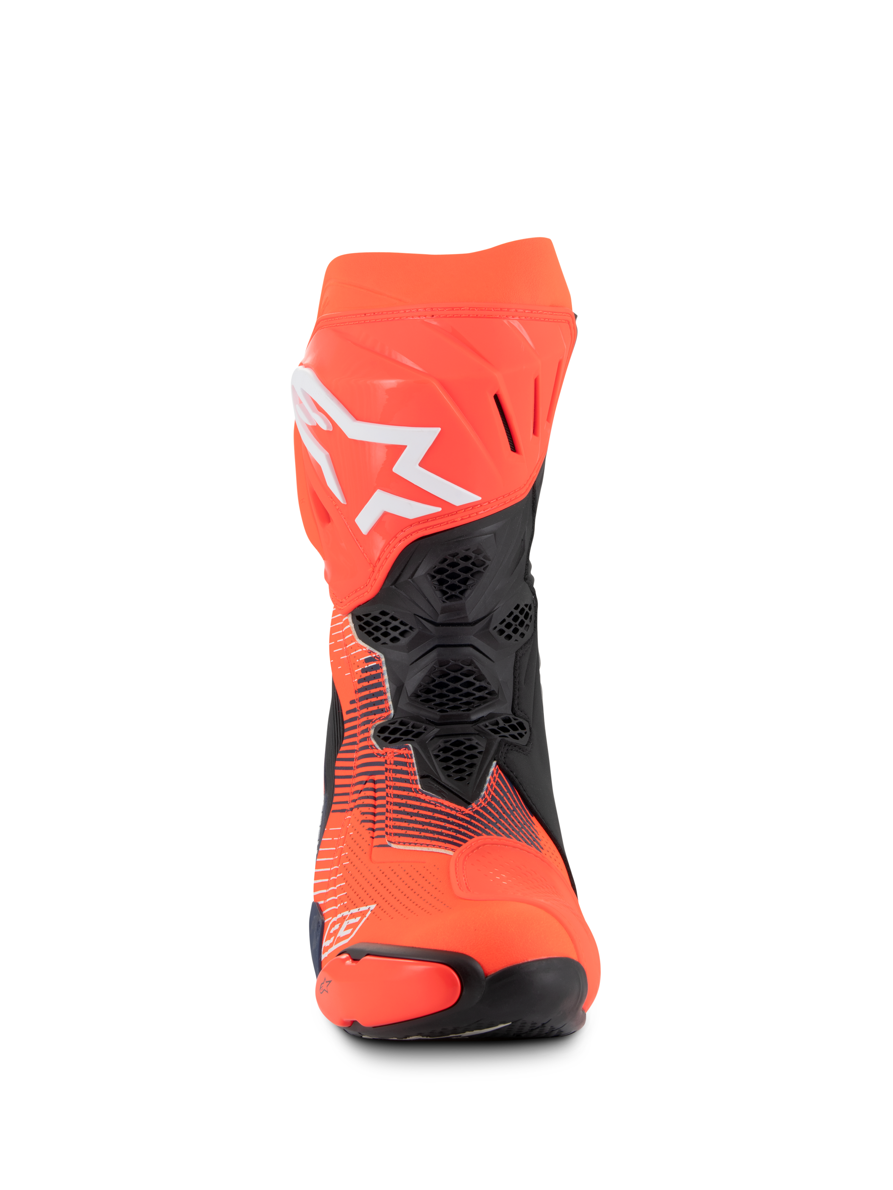 Botas Alpinestars Supertech R Vented MM93 Replica, botas de corrida para motociclismo, vermelho fluo, azul escuro e preto, vista frontal apresentando ventilação em malha, logótipo Alpinestars branco e construção em microfibra durável