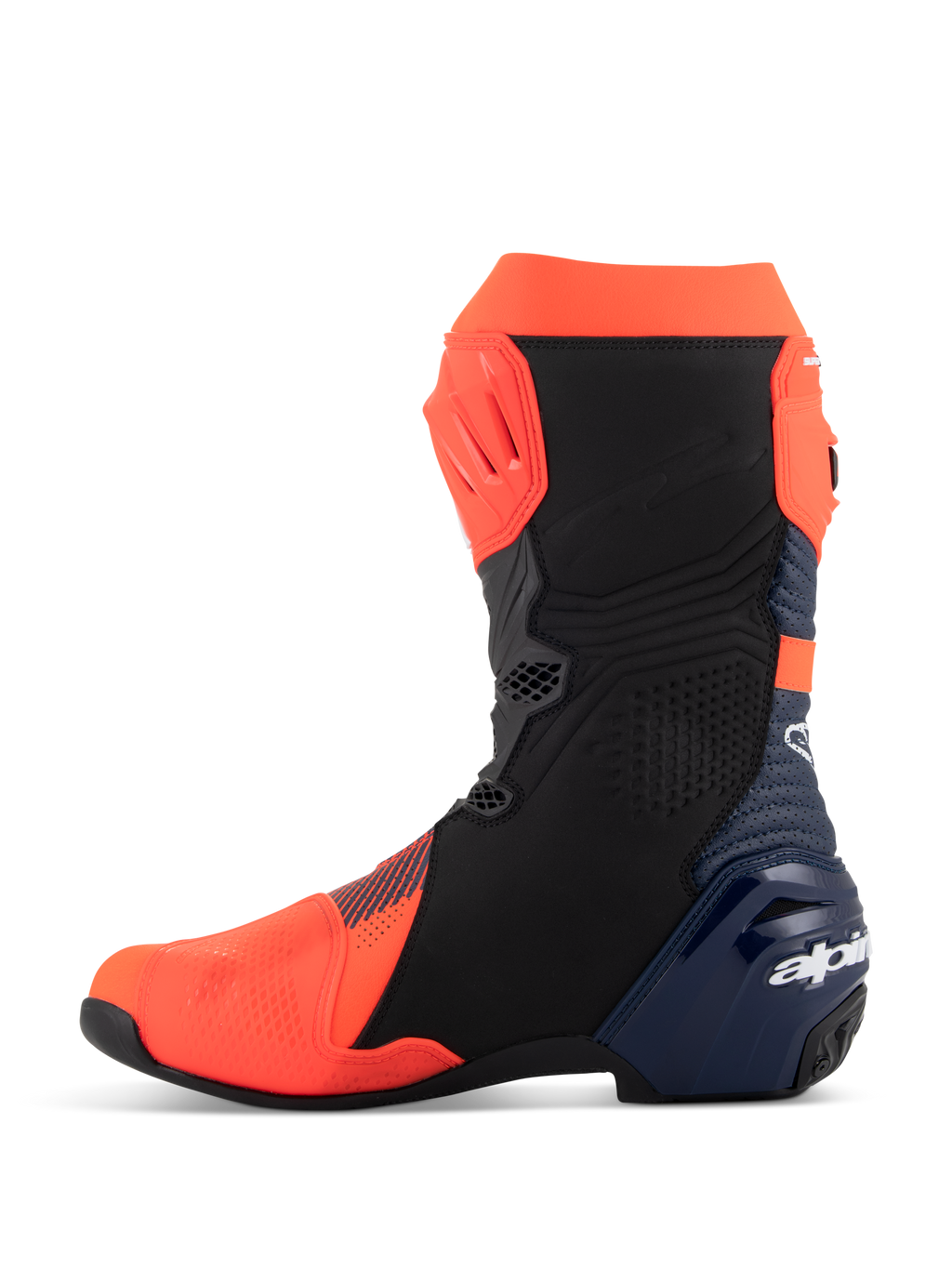 Botas Alpinestars Supertech R Vented MM93 Replica, botas de corrida de motociclismo, vermelho fluo, azul escuro e preto, vista de perfil do lado medial, com parte superior em microfibra perfurada, placas de proteção em TPU e design de performance elegante.