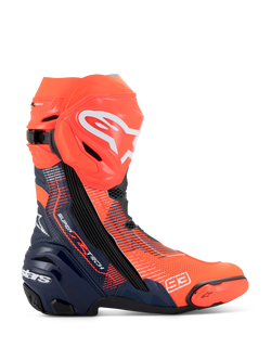 Alpinestars Supertech R Vented MM93 Replica Boots, Motorcycle Racing Boots, Red Fluo and Dark Blue with Black accents, featuring a perforated microfiber upper for ventilation, white Alpinestars logo on the shin, and number 93 branding on the toe.