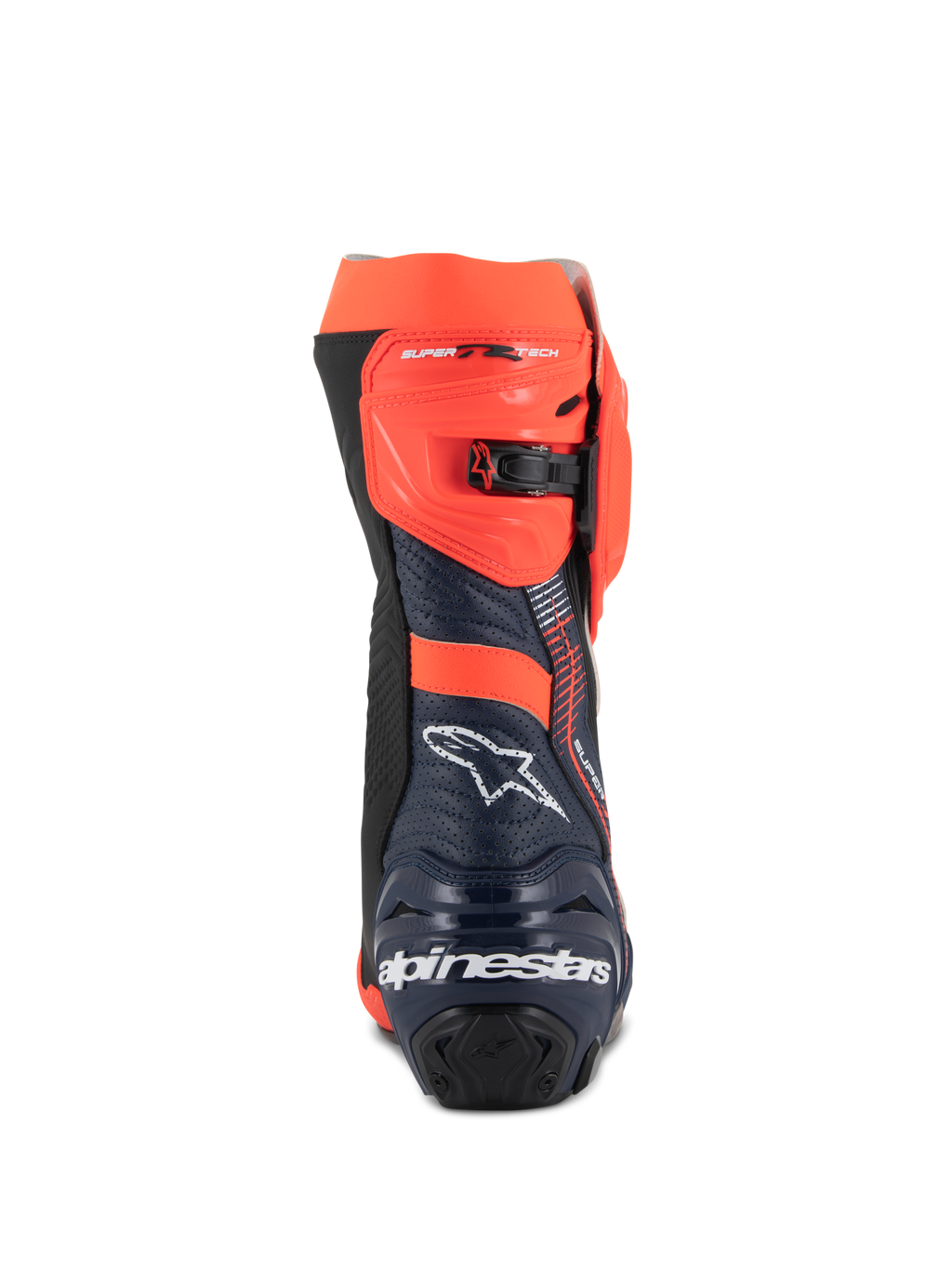 Botas Alpinestars Supertech R Vented MM93 Replica, botas de corrida para motociclismo, vermelho fluo, azul escuro e preto, vista traseira com o logótipo Alpinestars branco no calcanhar e fecho de catraca ajustável em vermelho fluo, design em microfibra perfurada para elevado fluxo de ar