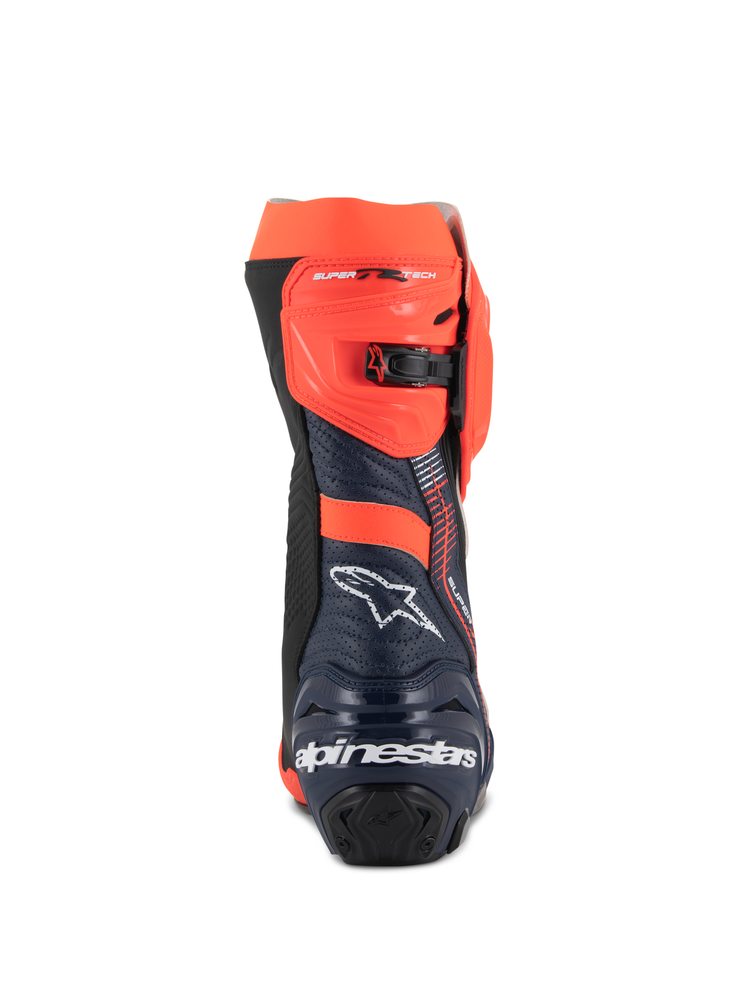 Botas Alpinestars Supertech R Vented MM93 Replica, botas de corrida para motociclismo, vermelho fluo, azul escuro e preto, vista traseira com o logótipo Alpinestars branco no calcanhar e fecho de catraca ajustável em vermelho fluo, design em microfibra perfurada para elevado fluxo de ar