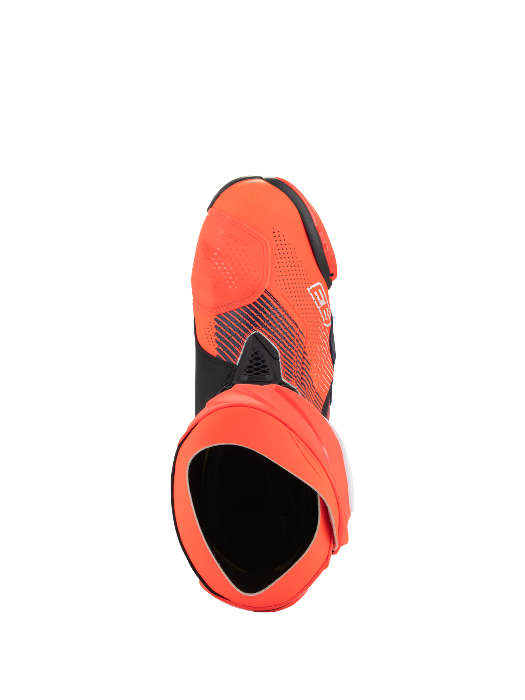 Alpinestars Supertech R Vented MM93 Replica Boots, botas de corrida de motociclismo de alta performance, Vermelho Fluo e Azul Escuro, vista superior mostrando a abertura e a estrutura da botinha interna, parte superior em microfibra perfurada com gráficos da assinatura de Marc Márquez