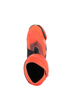 Alpinestars Supertech R Vented MM93 Replica Boots, botas de corrida de motociclismo de alta performance, Vermelho Fluo e Azul Escuro, vista superior mostrando a abertura e a estrutura da botinha interna, parte superior em microfibra perfurada com gráficos da assinatura de Marc Márquez