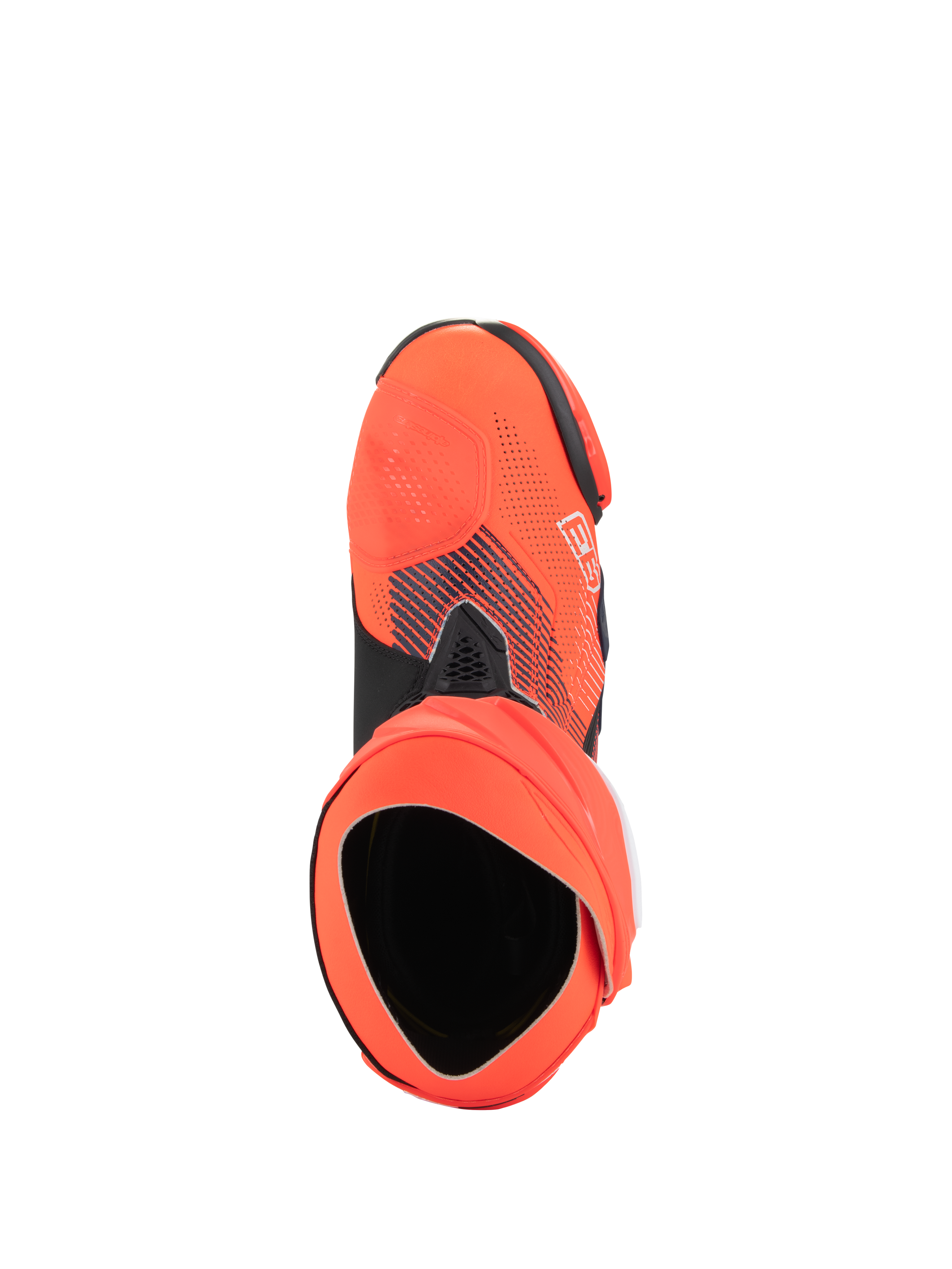 Alpinestars Supertech R Vented MM93 Replica Boots, botas de corrida de motociclismo de alta performance, Vermelho Fluo e Azul Escuro, vista superior mostrando a abertura e a estrutura da botinha interna, parte superior em microfibra perfurada com gráficos da assinatura de Marc Márquez