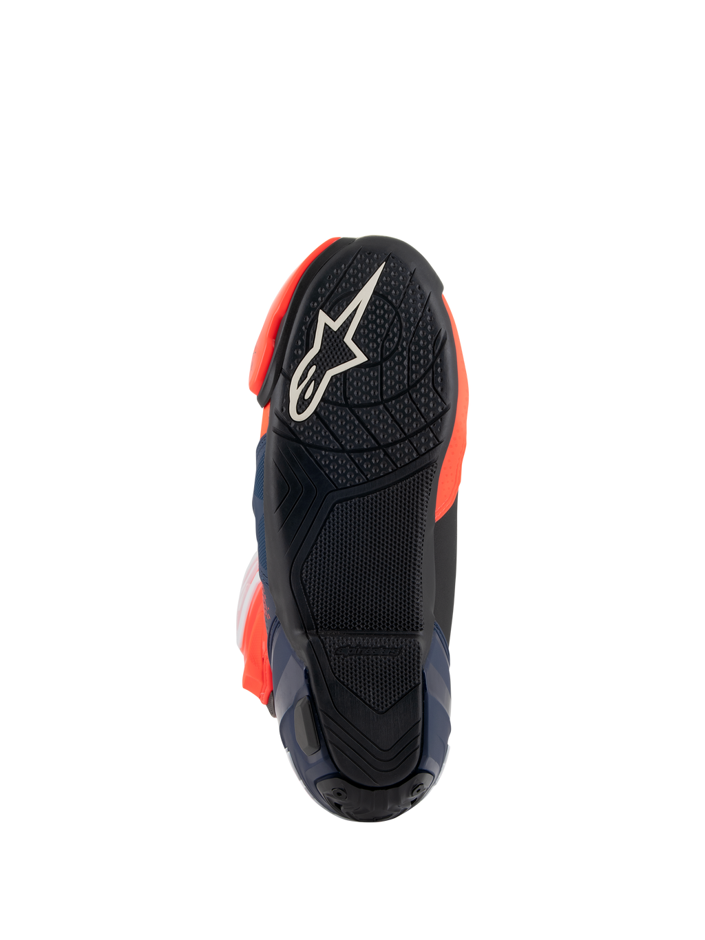 Botas Alpinestars Supertech R Vented MM93 Replica, vista da sola que mostra a sola de borracha preta com o logótipo de estrela branco, padrão de aderência texturizado para os pedais, detalhes em vermelho fluo e azul escuro, design de calçado de performance para corrida