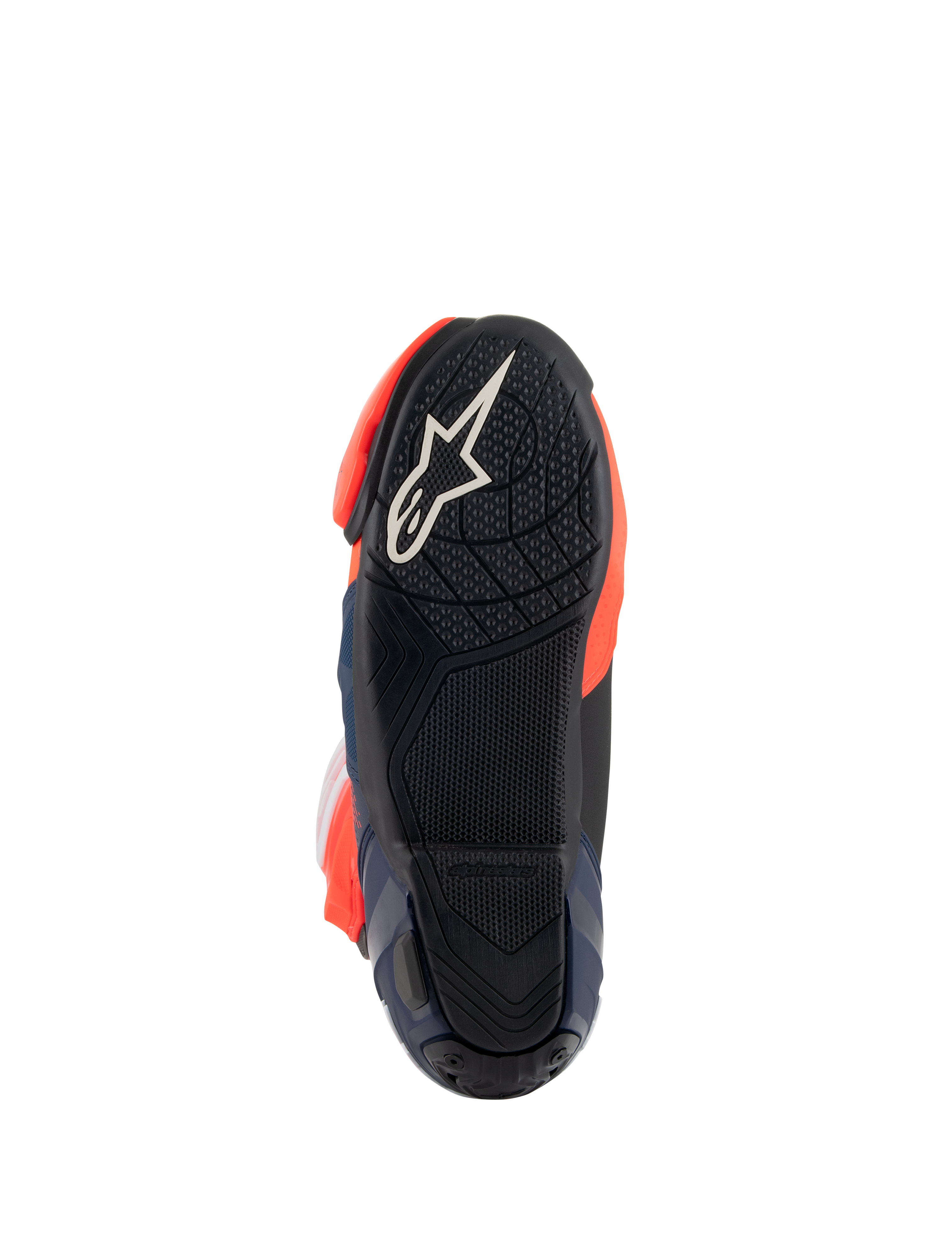 Botas Alpinestars Supertech R Vented MM93 Replica, vista da sola que mostra a sola de borracha preta com o logótipo de estrela branco, padrão de aderência texturizado para os pedais, detalhes em vermelho fluo e azul escuro, design de calçado de performance para corrida