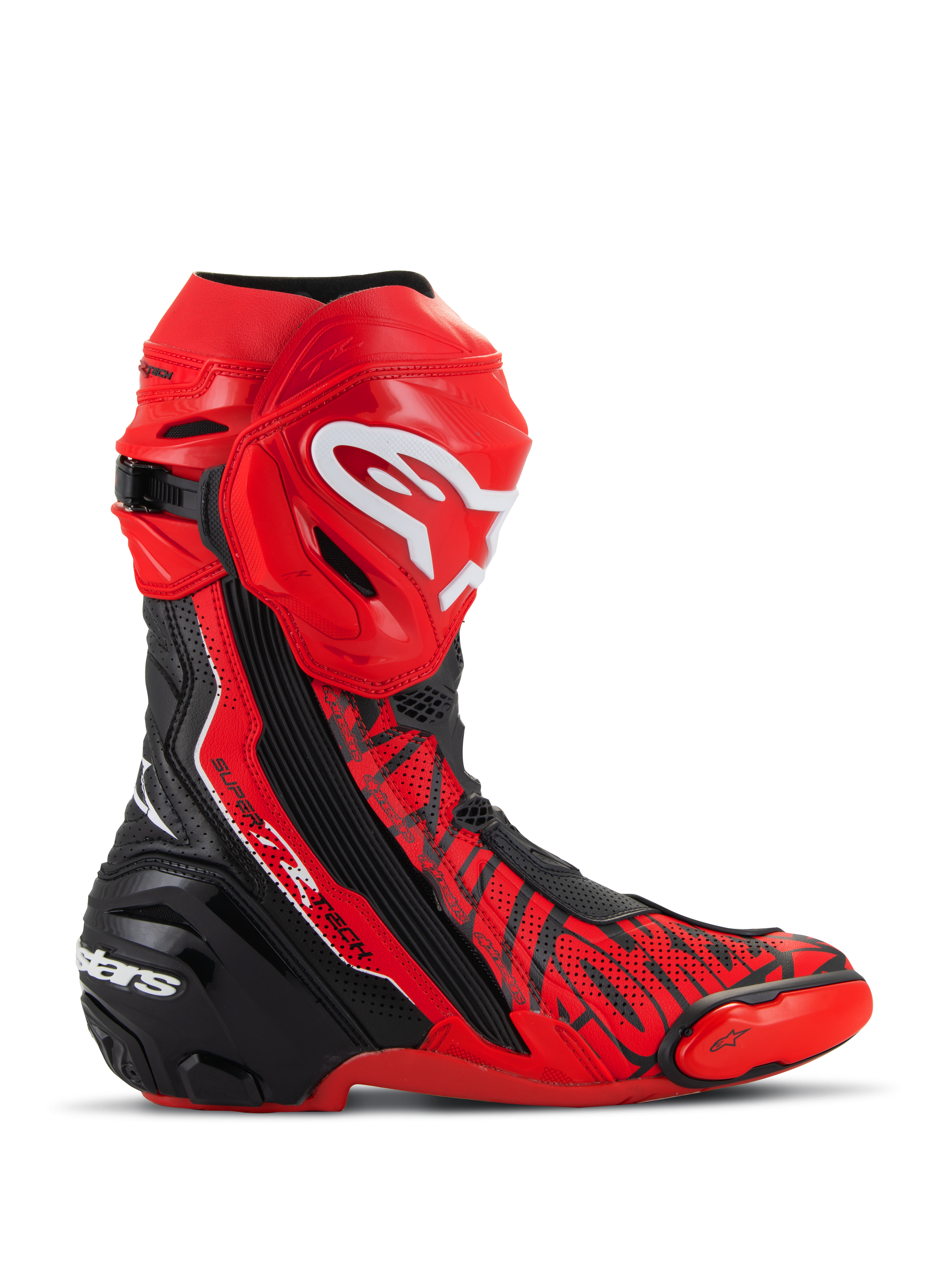 Alpinestars Supertech R LE Pecco Bagnaia Vented Boots, botas de corrida de MotoGP, vermelhas com detalhes pretos e brancos, construção em microfibra perfurada para fluxo de ar, placa de canela em TPU vermelho com logótipo branco, calcanhar reforçado preto e sliders de dedo substituíveis, design profissional focado na pista