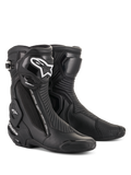Alpinestars SMX Plus V2 Boots, Motorcycle Racing Boots, Black with White Logo on the shin, High Ankle Design, Reinforced Toe Sliders and Heel Protection, Side Zipper Closure, Ribbed Accordion Texture Panels for flexibility, Aerodynamic Construction