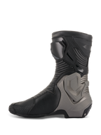 Alpinestars SMX Plus V2 Boots, Motorcycle Racing Boots, Black and Dark Gray, side profile showing microfiber upper with accordion flex panels and gray Multi-Link Control ankle protection system