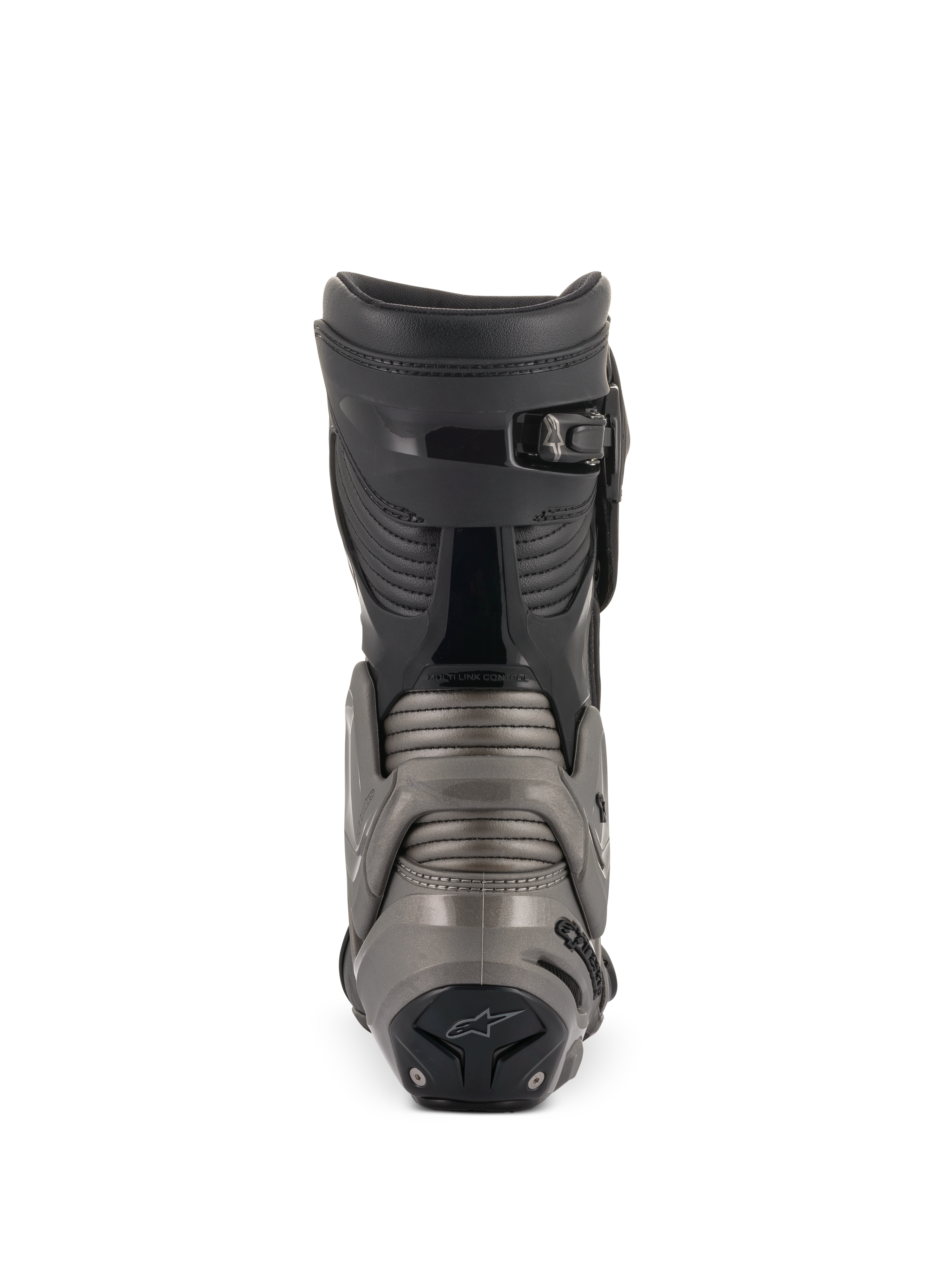 Alpinestars SMX Plus V2 Boots, Black and Dark Gray, rear view showcasing the Multi-Link Control system, Achilles accordion panels, and micro-adjustable ratchet top closure for advanced motorcycle protection.