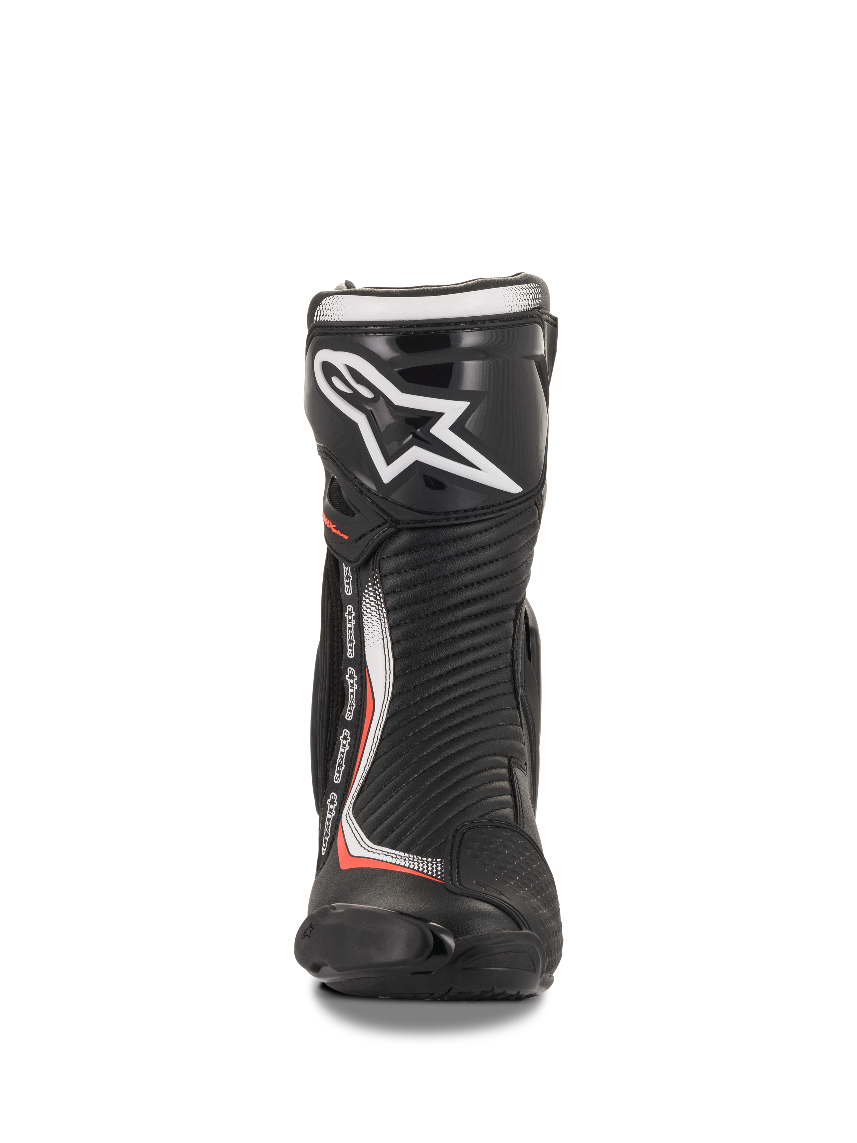 Alpinestars SMX Plus V2 Boots, Black and Red Fluorescent Motorcycle Racing Boots, microfiber with TPU shin plate, front view.