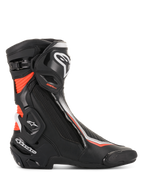 Alpinestars SMX Plus V2 Boots, Men's Motorcycle Racing Boots, Black, White and Red Fluorescent, featuring Multi-Link Control ankle protection and durable microfiber construction.