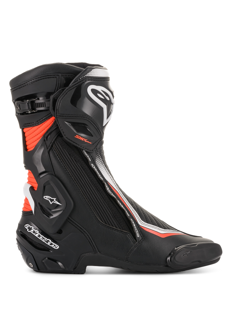 Alpinestars botas SMX Plus V2, botas de moto para corrida pretas e brancas com vermelho fluo e proteção Multi-Link Control.