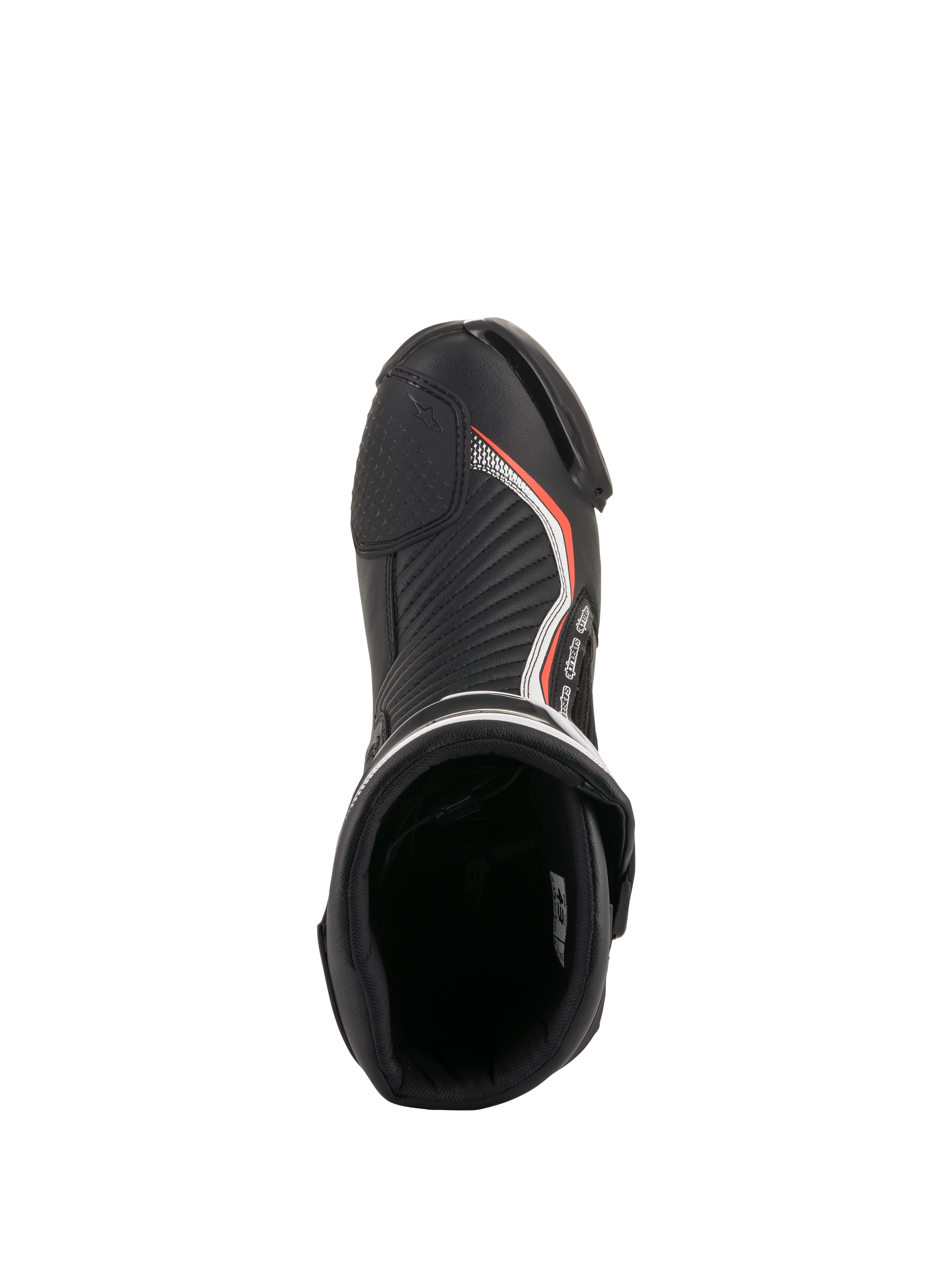Alpinestars SMX Plus V2 Boots, Black and Red Fluo racing boots, top-down view of the padded interior and toe area.