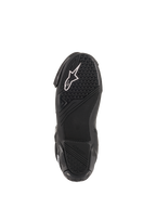 Alpinestars SMX Plus V2 racing boots featuring a black textured rubber sole with a white logo and high-grip pattern.